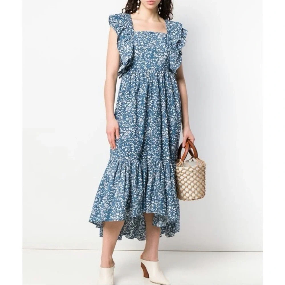 ULLA JOHNSON Blue Cotton Freida Batik Dress Size 8 NET A PORTER